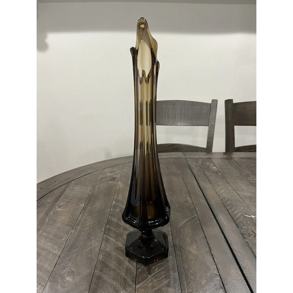 Vintage Mid Century MCM Viking Smoke‎ Brown Glass Swung Vase Epic Column 17